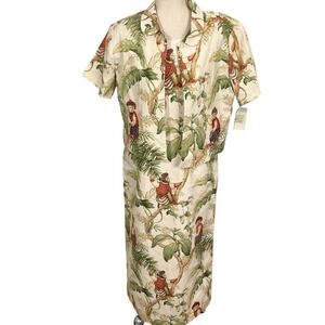 Citi Dress Womens Dress 12 Shacket 14 Beige Green Tropical Monkey Bead Maxi  NWT